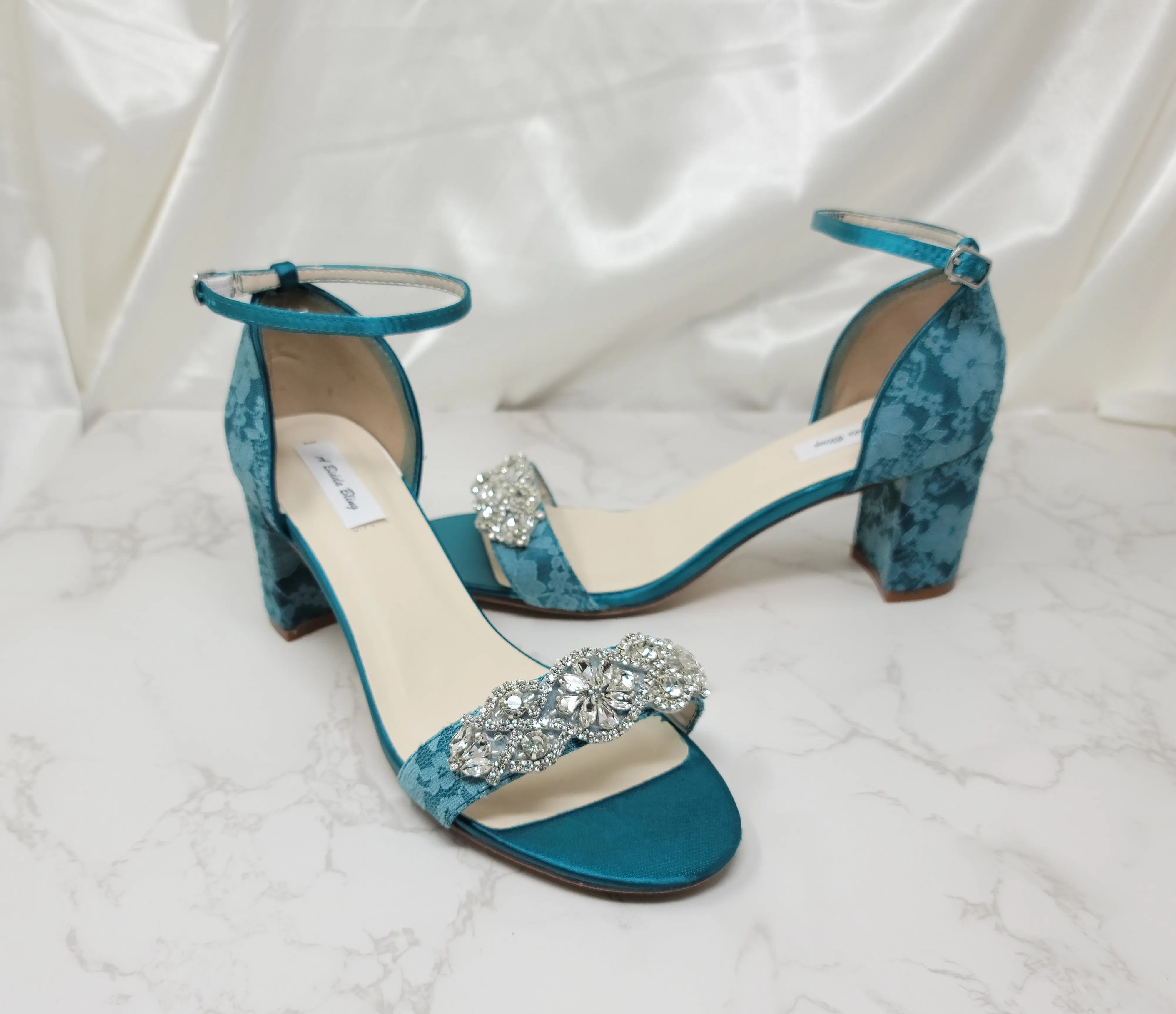 Oasis Green Wedding Shoes with Block Heel Crystal Applique Design