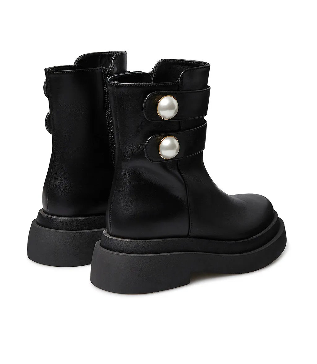 Pearl studs straps black calfskin ankle boots