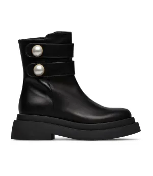 Pearl studs straps black calfskin ankle boots