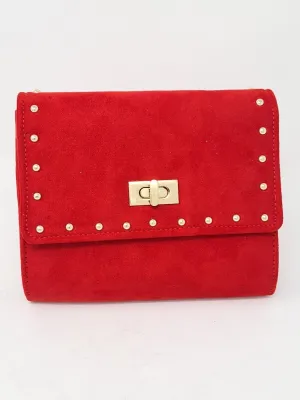 Red Studded Suede Clutch Bag