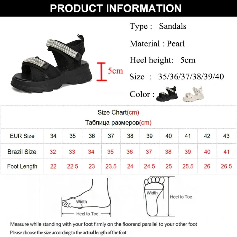 Rimocy Fashion Pearl Platform Sandals Women Summer  Ankle Strap Non-slip Sandalias Mujer Hook Loop Thick Sole Sport Sandals