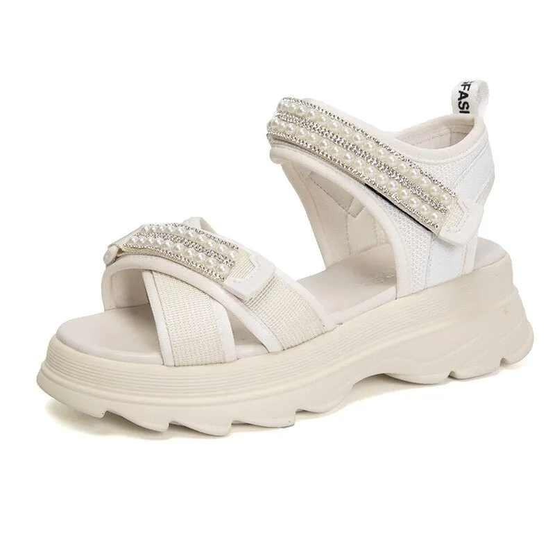 Rimocy Fashion Pearl Platform Sandals Women Summer  Ankle Strap Non-slip Sandalias Mujer Hook Loop Thick Sole Sport Sandals