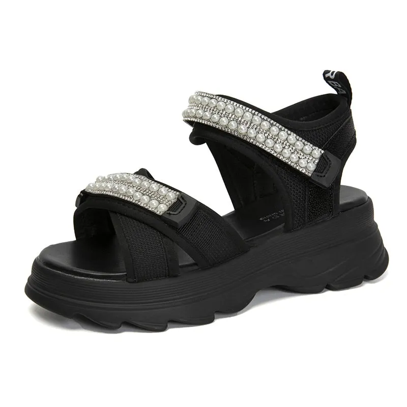 Rimocy Fashion Pearl Platform Sandals Women Summer  Ankle Strap Non-slip Sandalias Mujer Hook Loop Thick Sole Sport Sandals