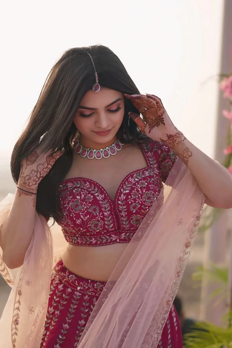 Silk Fabric Pink Bridal Lehenga For Engagement Ceremony