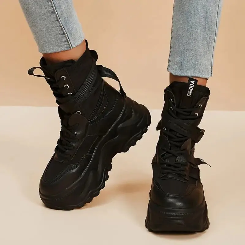 Sohiwoo Chunky Platform Vulcanized Shoes Women 2024 Spring Lace-Up Non-Slip Motorcycle Boots Woman Breathable Thick Bottom Ankle Boots