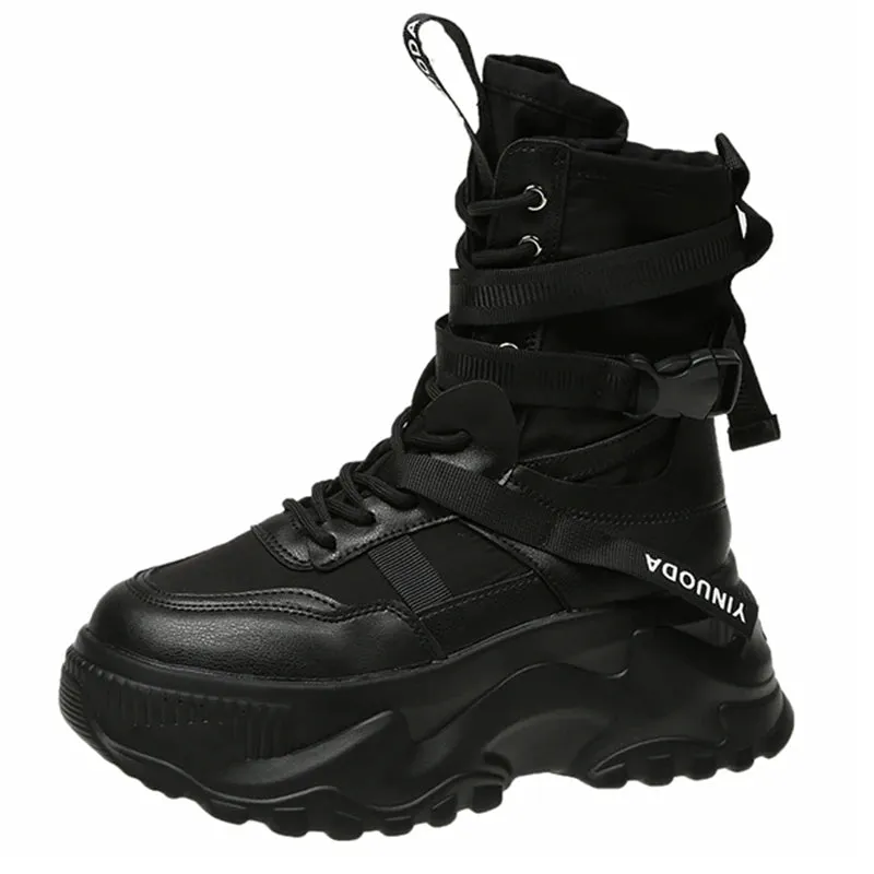 Sohiwoo Chunky Platform Vulcanized Shoes Women 2024 Spring Lace-Up Non-Slip Motorcycle Boots Woman Breathable Thick Bottom Ankle Boots