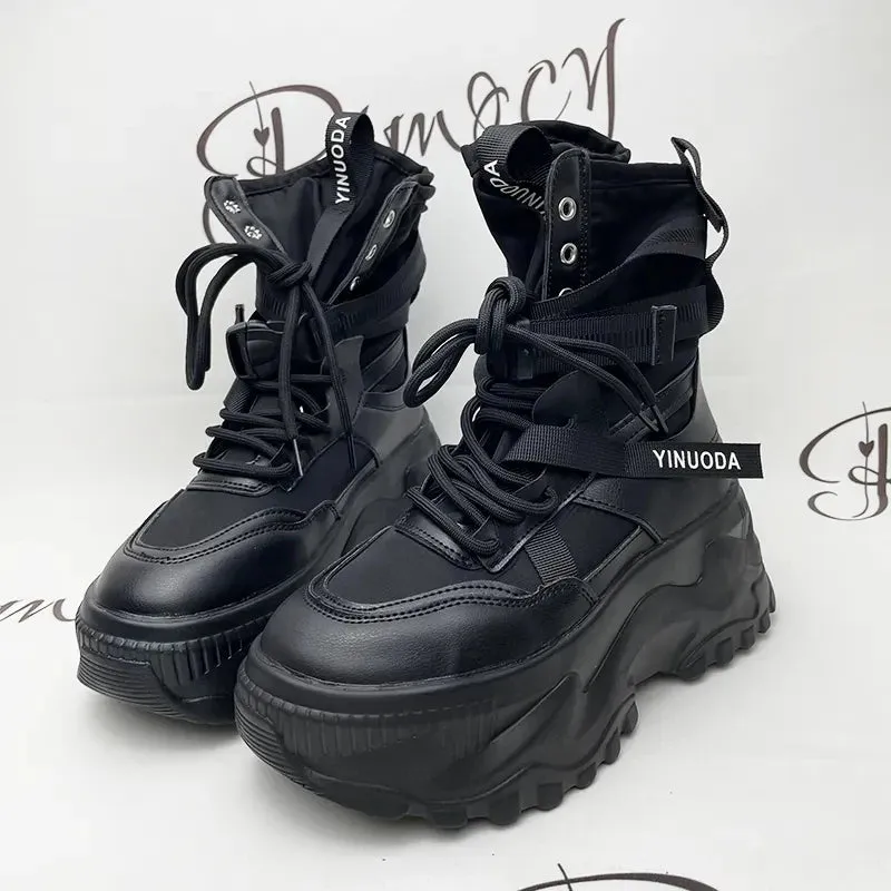 Sohiwoo Chunky Platform Vulcanized Shoes Women 2024 Spring Lace-Up Non-Slip Motorcycle Boots Woman Breathable Thick Bottom Ankle Boots