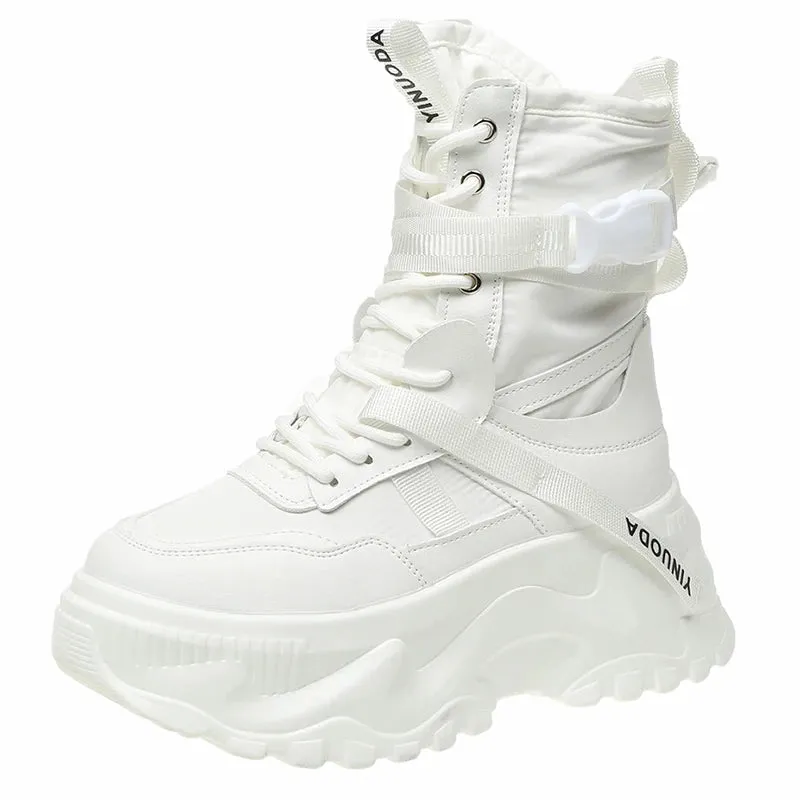 Sohiwoo Chunky Platform Vulcanized Shoes Women 2024 Spring Lace-Up Non-Slip Motorcycle Boots Woman Breathable Thick Bottom Ankle Boots