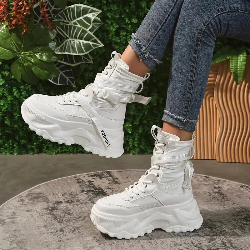 Sohiwoo Chunky Platform Vulcanized Shoes Women 2024 Spring Lace-Up Non-Slip Motorcycle Boots Woman Breathable Thick Bottom Ankle Boots