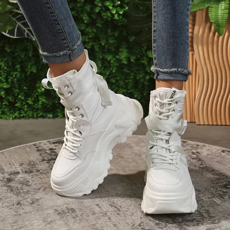Sohiwoo Chunky Platform Vulcanized Shoes Women 2024 Spring Lace-Up Non-Slip Motorcycle Boots Woman Breathable Thick Bottom Ankle Boots