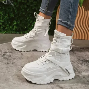 Sohiwoo Chunky Platform Vulcanized Shoes Women 2024 Spring Lace-Up Non-Slip Motorcycle Boots Woman Breathable Thick Bottom Ankle Boots