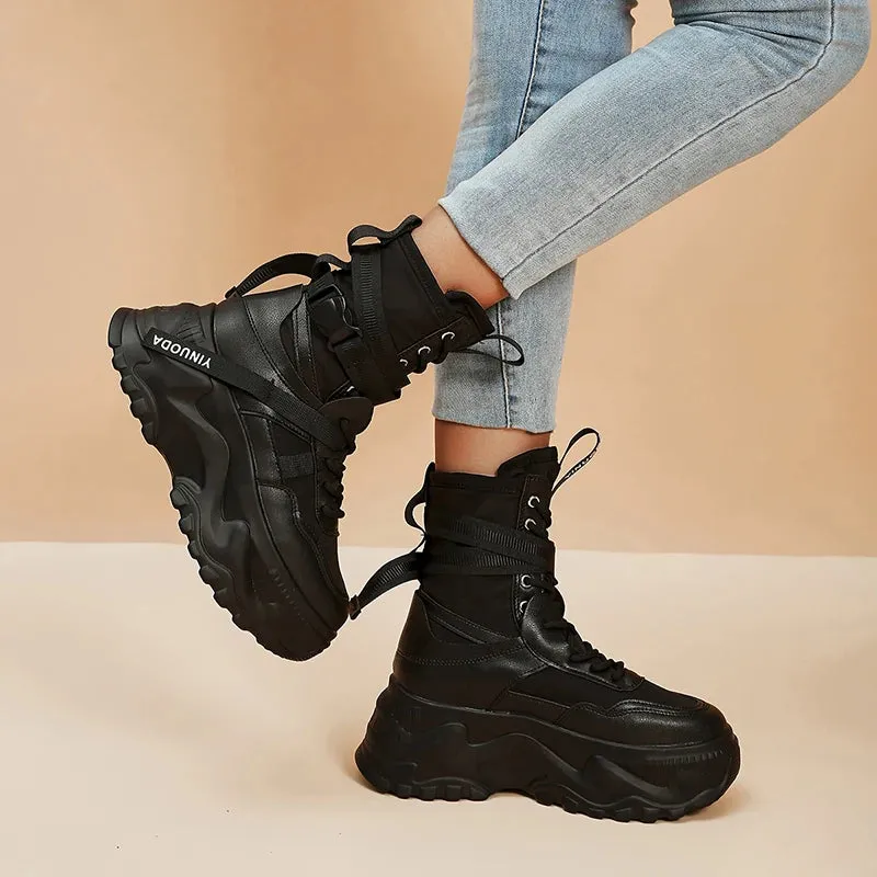 Sohiwoo Chunky Platform Vulcanized Shoes Women 2024 Spring Lace-Up Non-Slip Motorcycle Boots Woman Breathable Thick Bottom Ankle Boots