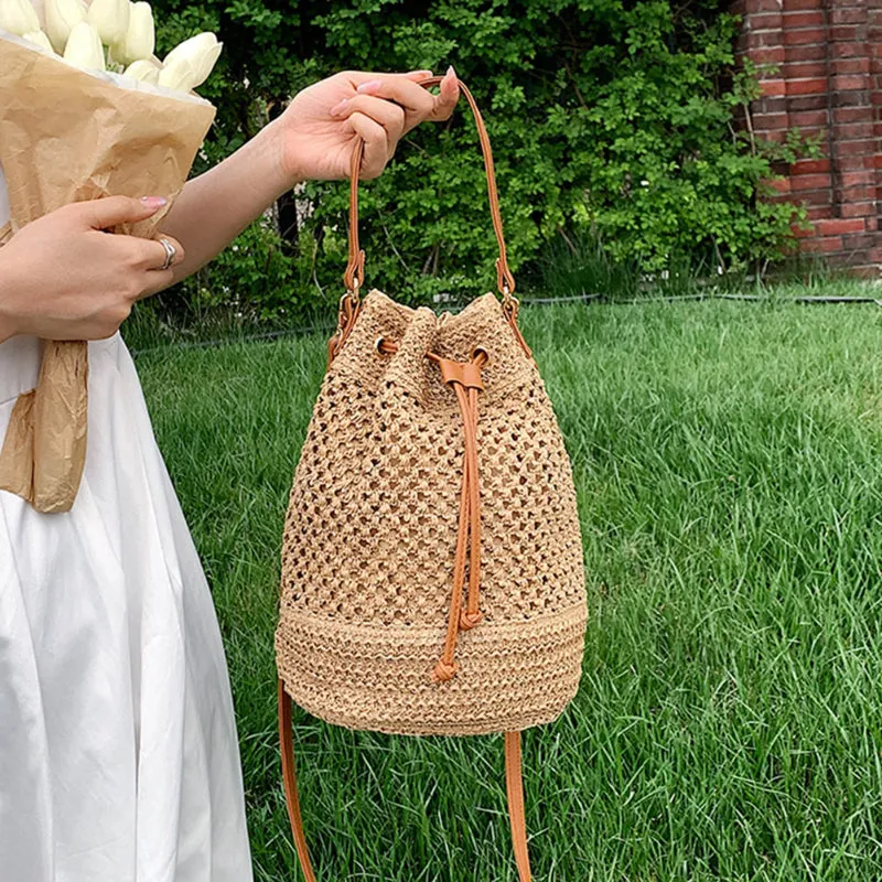 Summer Woven Drawstring Bucket Bags