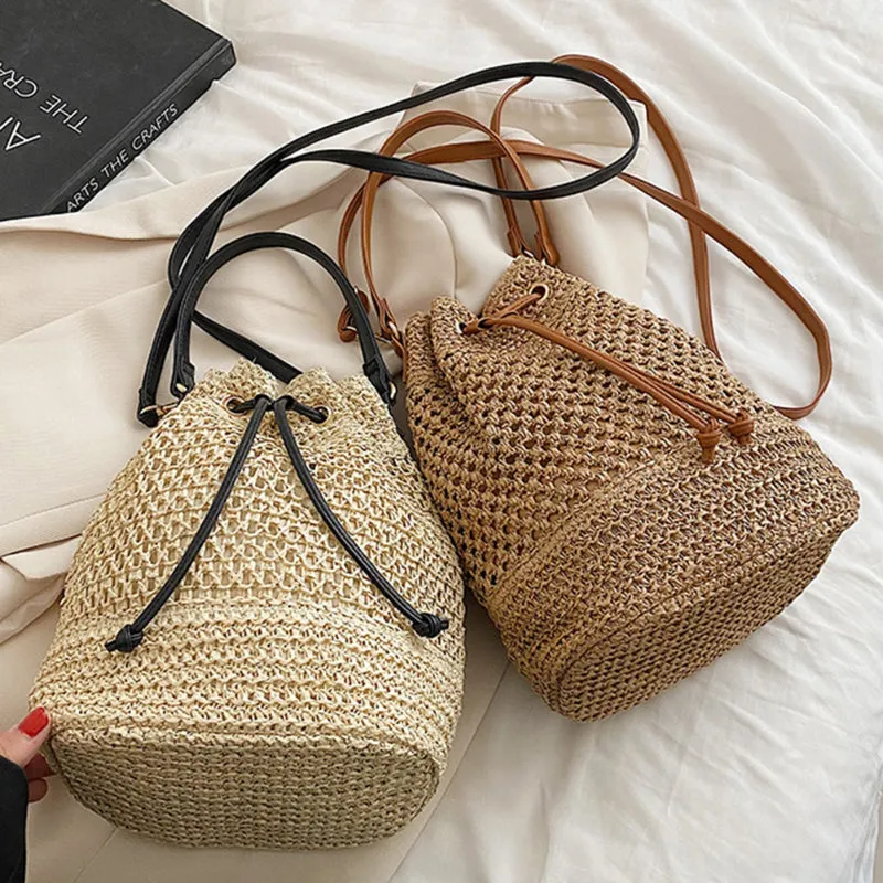 Summer Woven Drawstring Bucket Bags