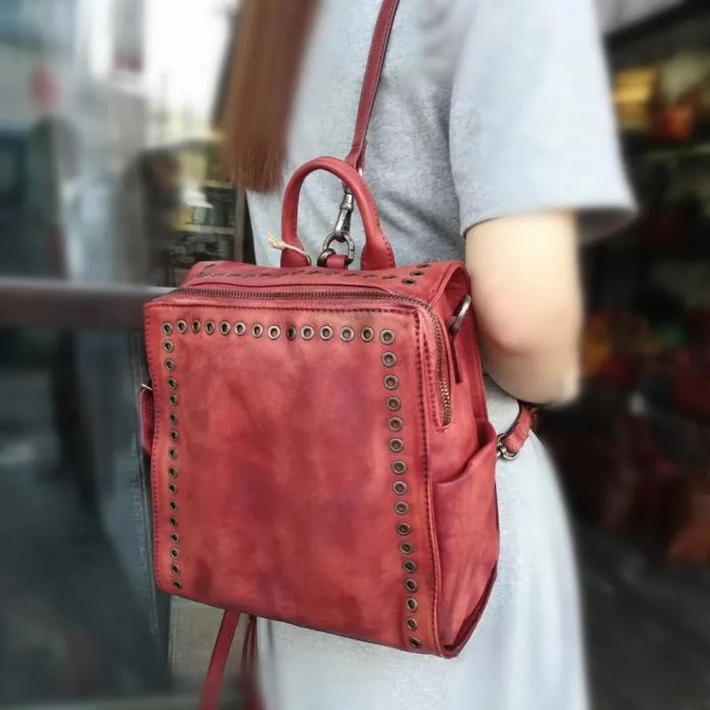 Vintage Womens Square Leather Crossbody Backpack Purse Small Leather Shoulder Bag