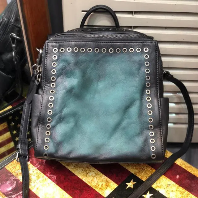 Vintage Womens Square Leather Crossbody Backpack Purse Small Leather Shoulder Bag