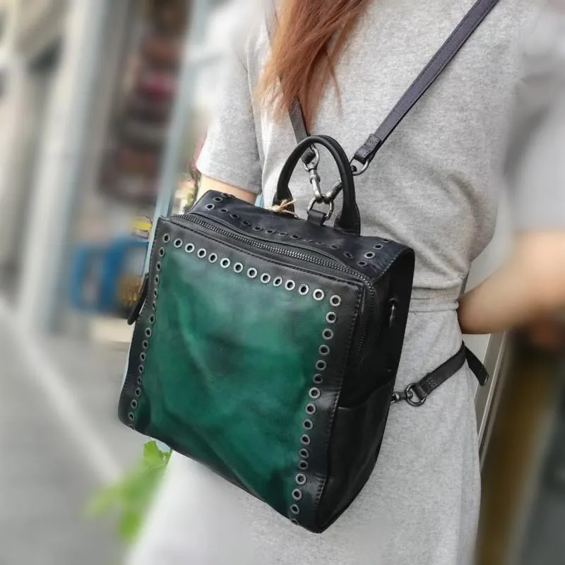 Vintage Womens Square Leather Crossbody Backpack Purse Small Leather Shoulder Bag