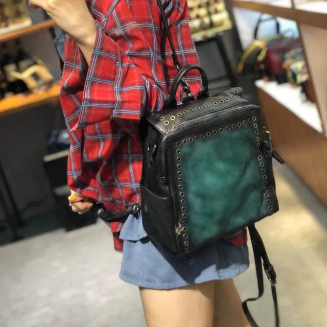 Vintage Womens Square Leather Crossbody Backpack Purse Small Leather Shoulder Bag