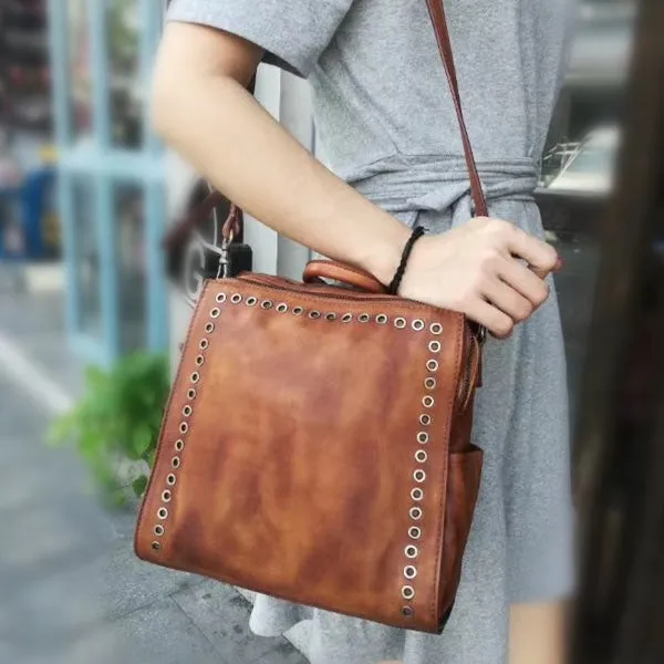 Vintage Womens Square Leather Crossbody Backpack Purse Small Leather Shoulder Bag