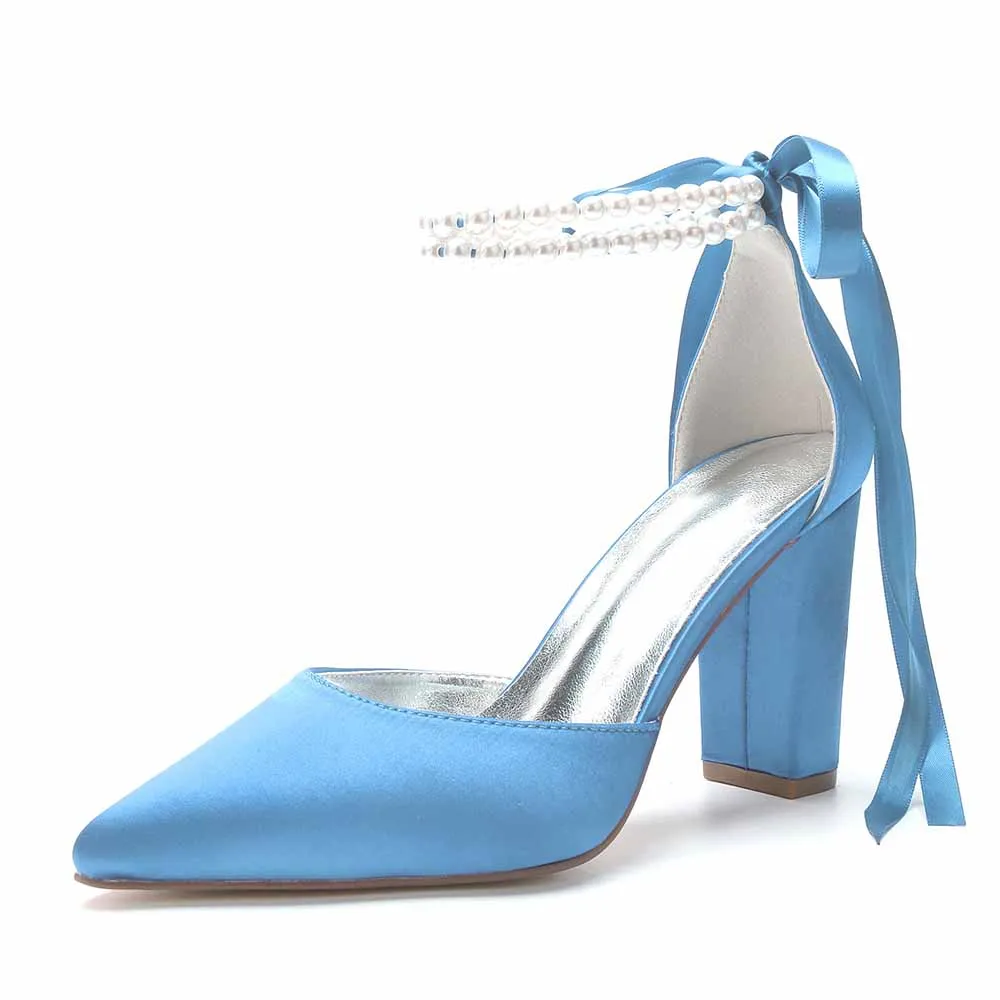 Wedding Pumps Block Heel Ankle Strap Stilettos Satin Colorful Prom Shoes