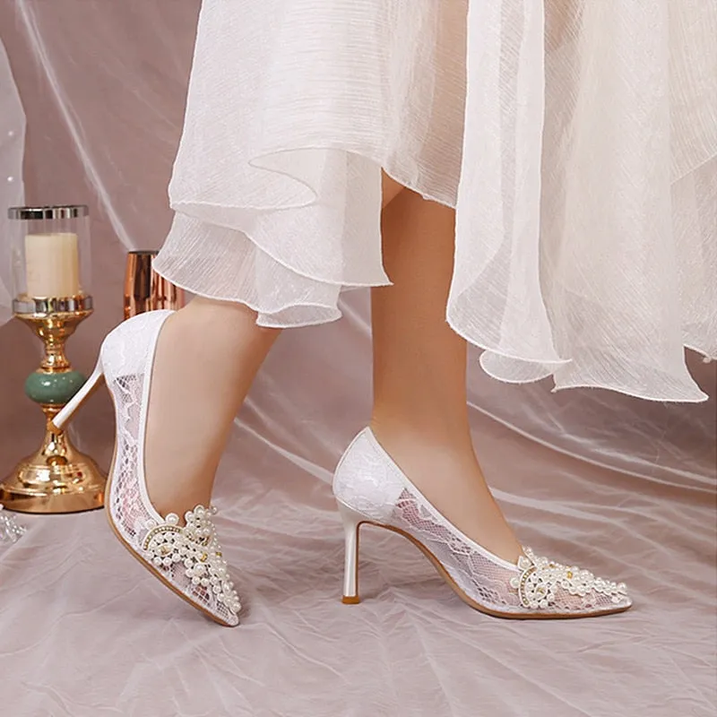White Lace Pearl Wedding Pumps Heels Shoes for Women Crystal Luxury Pumps Elegant 9 Cm High Heels Sandals  Comfy Bridal Shoe