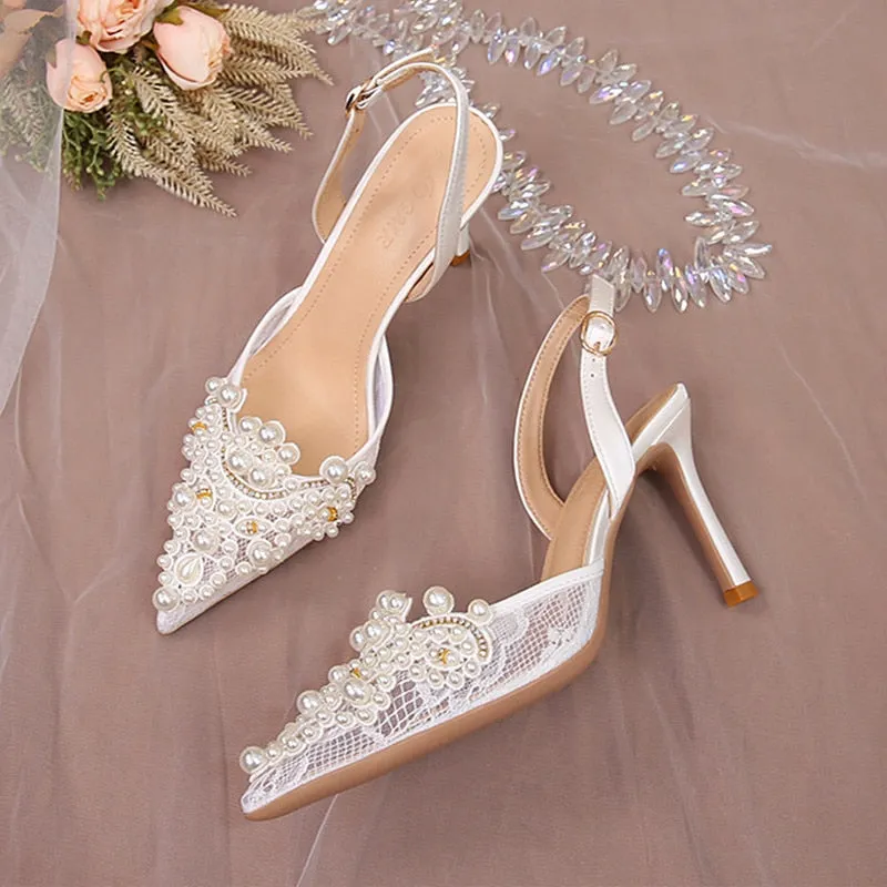White Lace Pearl Wedding Pumps Heels Shoes for Women Crystal Luxury Pumps Elegant 9 Cm High Heels Sandals  Comfy Bridal Shoe