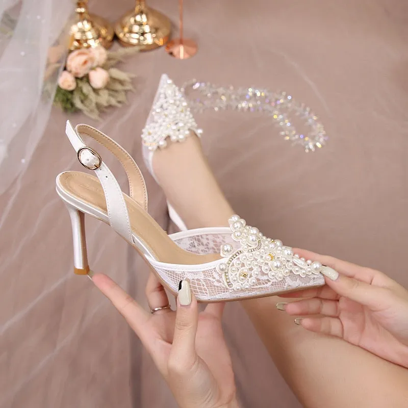 White Lace Pearl Wedding Pumps Heels Shoes for Women Crystal Luxury Pumps Elegant 9 Cm High Heels Sandals  Comfy Bridal Shoe