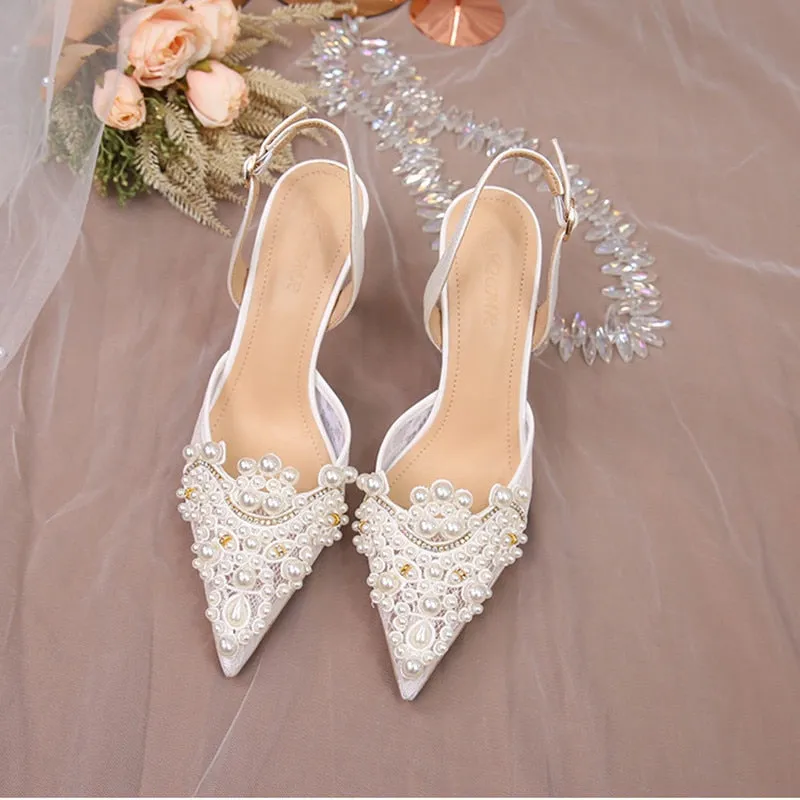 White Lace Pearl Wedding Pumps Heels Shoes for Women Crystal Luxury Pumps Elegant 9 Cm High Heels Sandals  Comfy Bridal Shoe