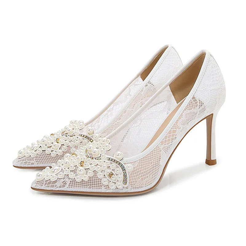 White Lace Pearl Wedding Pumps Heels Shoes for Women Crystal Luxury Pumps Elegant 9 Cm High Heels Sandals  Comfy Bridal Shoe
