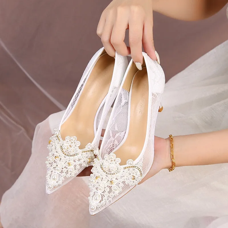 White Lace Pearl Wedding Pumps Heels Shoes for Women Crystal Luxury Pumps Elegant 9 Cm High Heels Sandals  Comfy Bridal Shoe