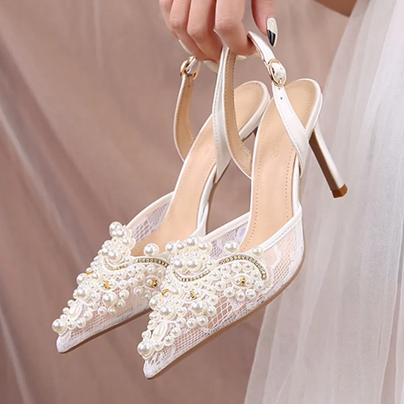 White Lace Pearl Wedding Pumps Heels Shoes for Women Crystal Luxury Pumps Elegant 9 Cm High Heels Sandals  Comfy Bridal Shoe