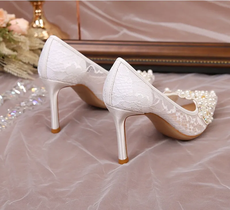 White Lace Pearl Wedding Pumps Heels Shoes for Women Crystal Luxury Pumps Elegant 9 Cm High Heels Sandals  Comfy Bridal Shoe