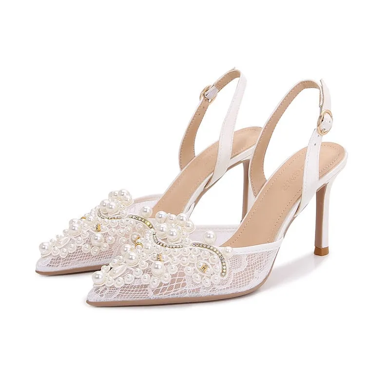 White Lace Pearl Wedding Pumps Heels Shoes for Women Crystal Luxury Pumps Elegant 9 Cm High Heels Sandals  Comfy Bridal Shoe
