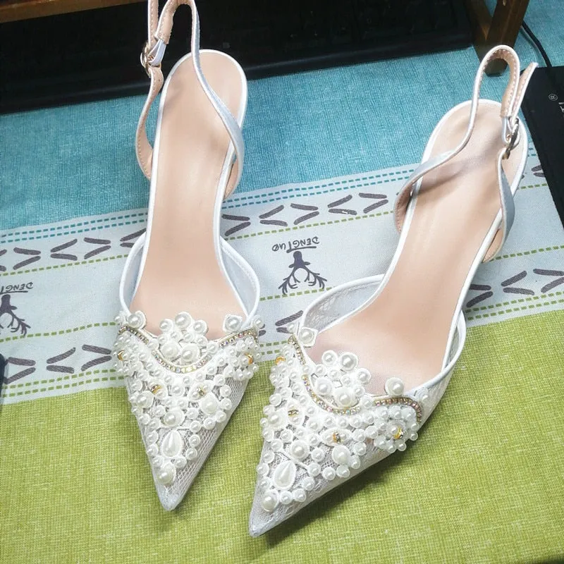 White Lace Pearl Wedding Pumps Heels Shoes for Women Crystal Luxury Pumps Elegant 9 Cm High Heels Sandals  Comfy Bridal Shoe