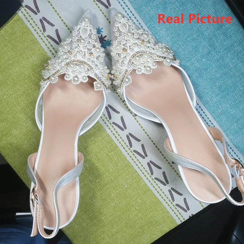 White Lace Pearl Wedding Pumps Heels Shoes for Women Crystal Luxury Pumps Elegant 9 Cm High Heels Sandals  Comfy Bridal Shoe