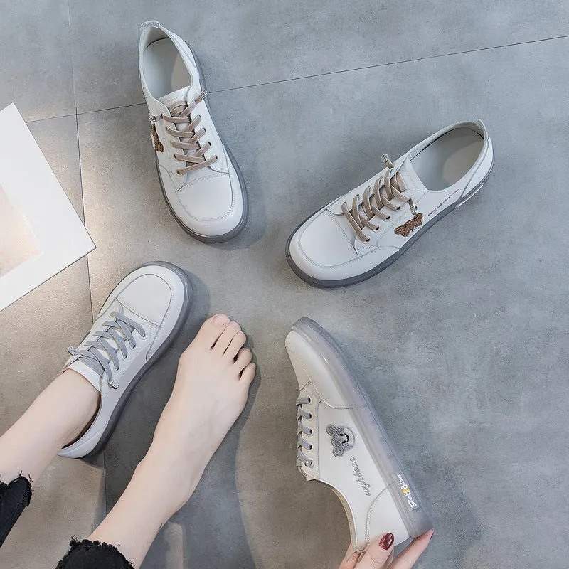 Womens Cute Bear Lace-up Leather Sneakers