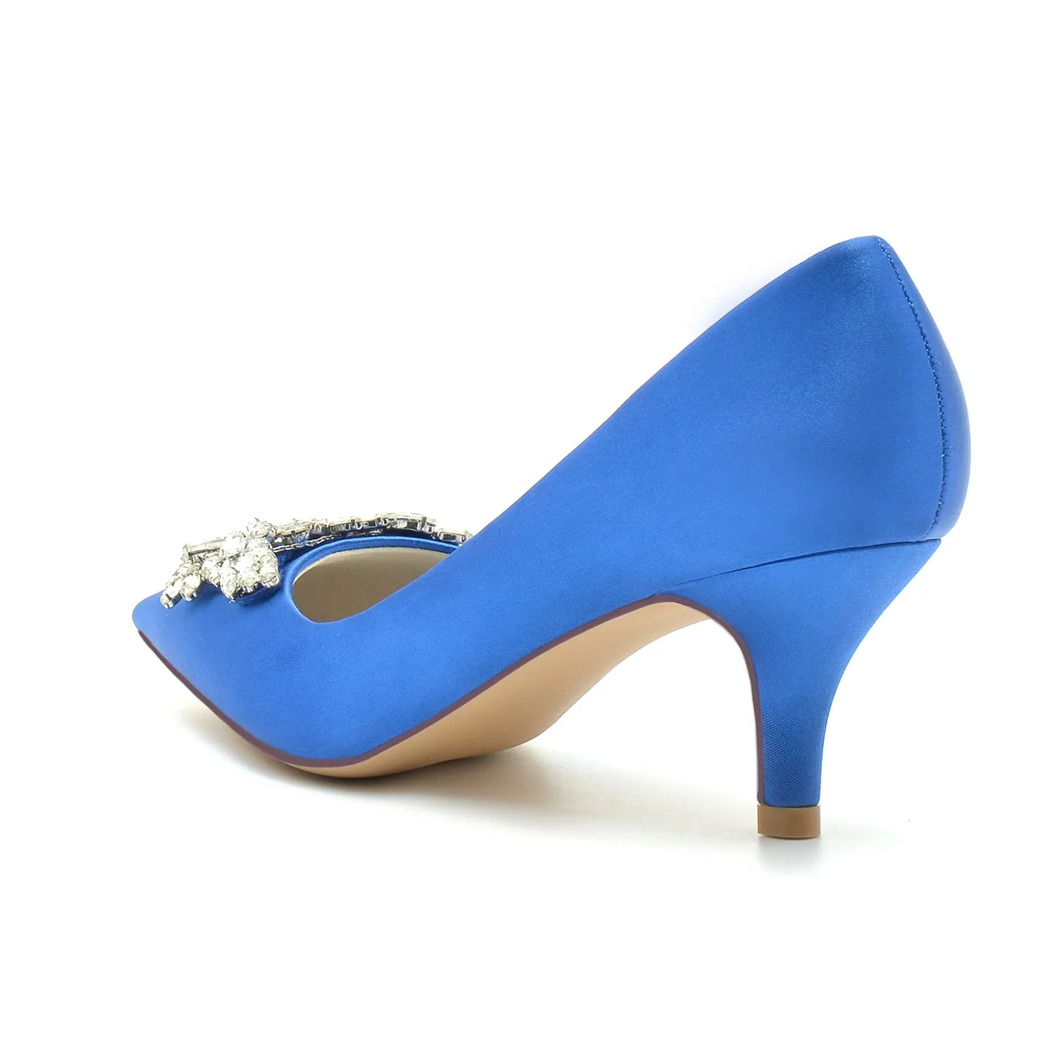 Women's Satin Pointed-Toe Wedding Shoes For Bridal Crystal Bow Low Heels Pumps