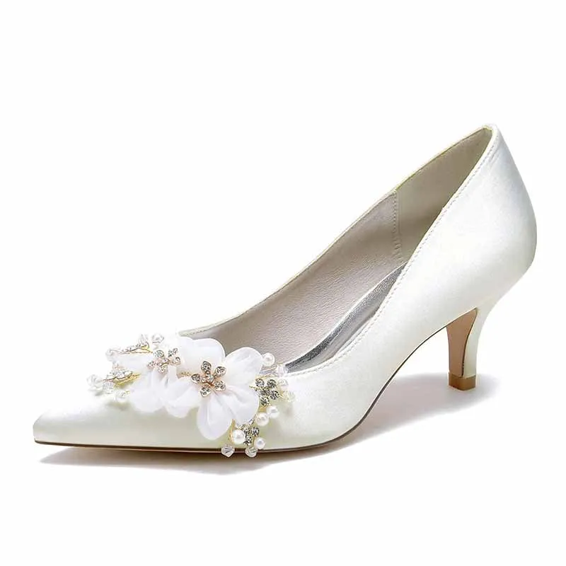 Women's Wedding Shoes Satin Kitten Heel Wedding Heels Bridal Shoes With Flower Pearl Rhinestone