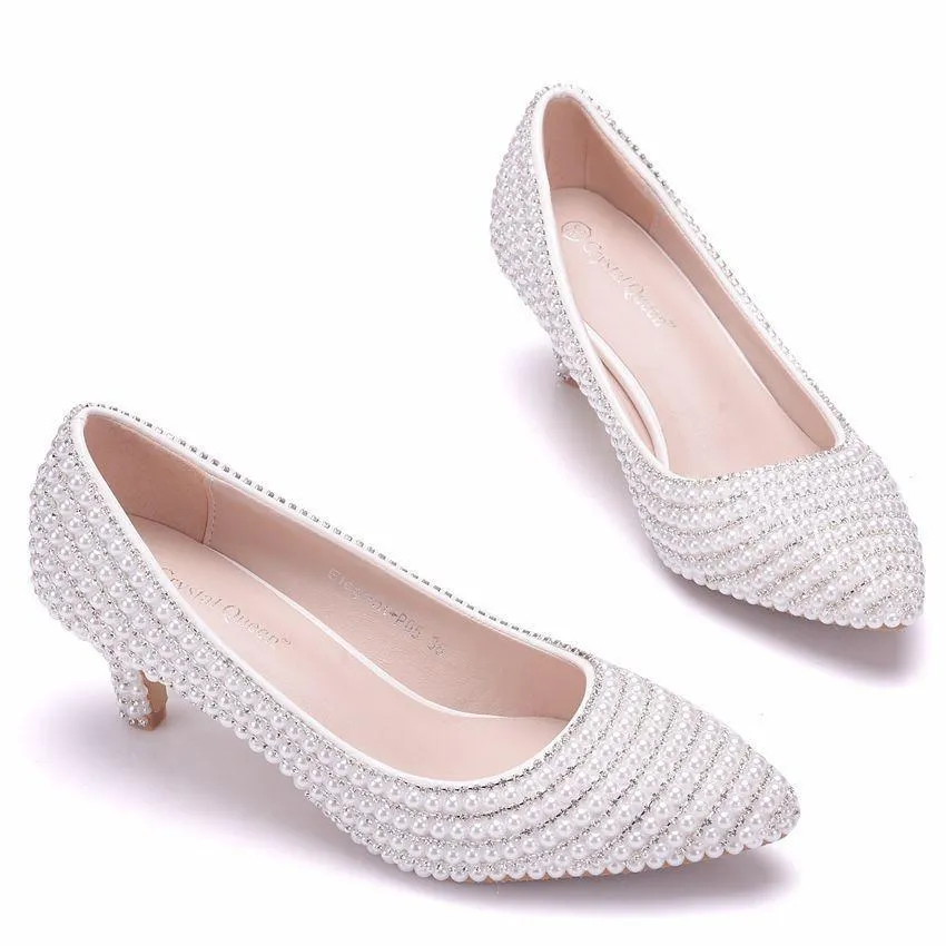 Women's white imitation pearls kitten heel wedding pumps